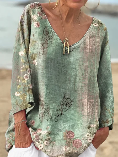 

Women's Vintage Ethnic Floral Art Patterns Print V-neck Comfortable Cotton T-shirt, Green, Long sleeves