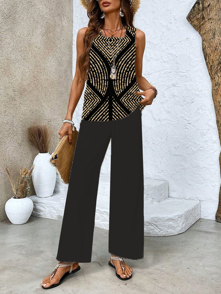 

Women's Geometric Printing Two-Piece Set Daily Sleeveless Casual Summer Top With Pants Matching Set, Black, Suit Set