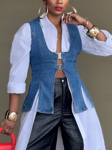 

Casual Buckle U-Neck Denim Vest, Denim blue, Vests and Gilets