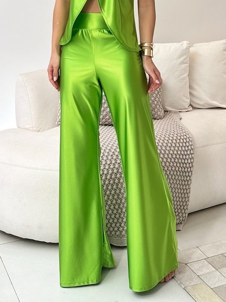 Urban Satin Plain Wide Leg Fashion Pants, Green, Pants