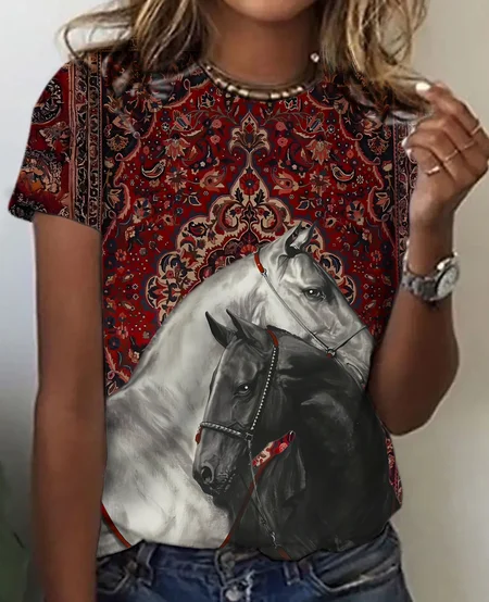 

Ethnic pattern horse Print T-Shirt, Wine red, T-shirts
