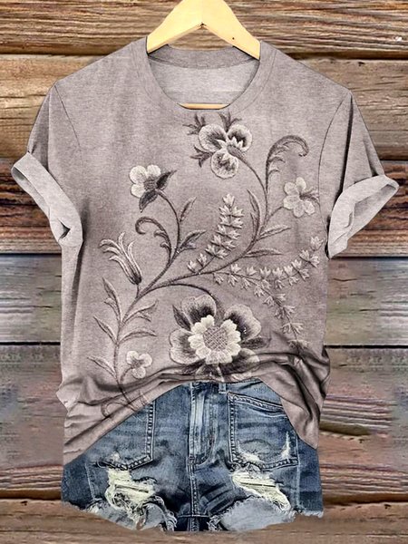 

Casual Floral Crew Neck Short Sleeve T-shirt, Taupe, T-shirts