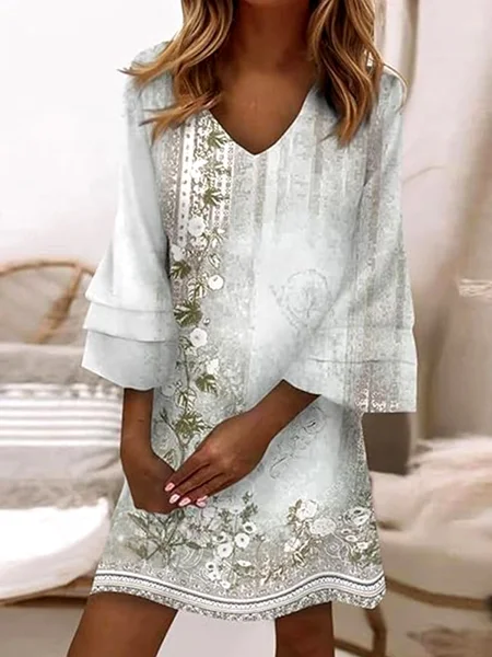 

Women Floral V Neck Long Sleeve Comfy Casual Mini Dress, White, Midi