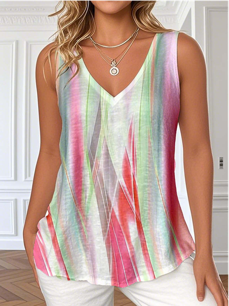 

Women Gradient Pattern Sleeveless Tee T-shirt V Neck Casual Summer Top, Pink-white, T-Shirts