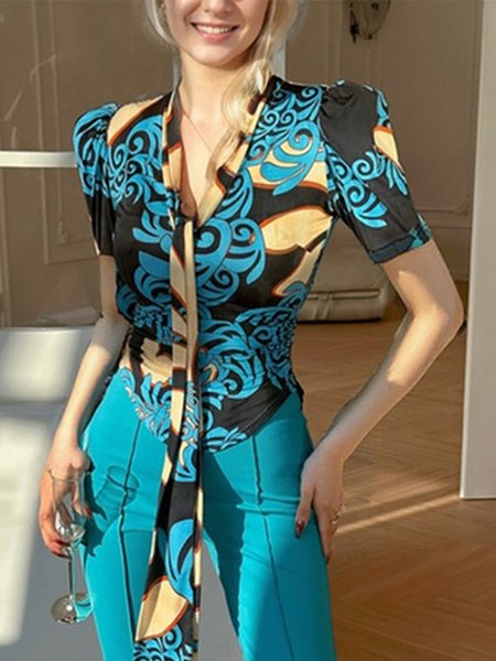 

Elegant Random Print Irregular Craftsmanship V Neck Puff Sleeve Blouse, As picture, Blouses and Shirts