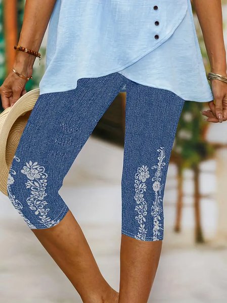 

Women's Trousers Elastic Waist Legging Daily Going Out Casual Printing Floral Summer Pants, Blue, Leggings