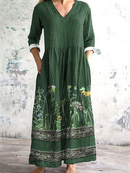

Women Floral V Neck Long Sleeve Comfy Casual Maxi Dress, Green, Maxi
