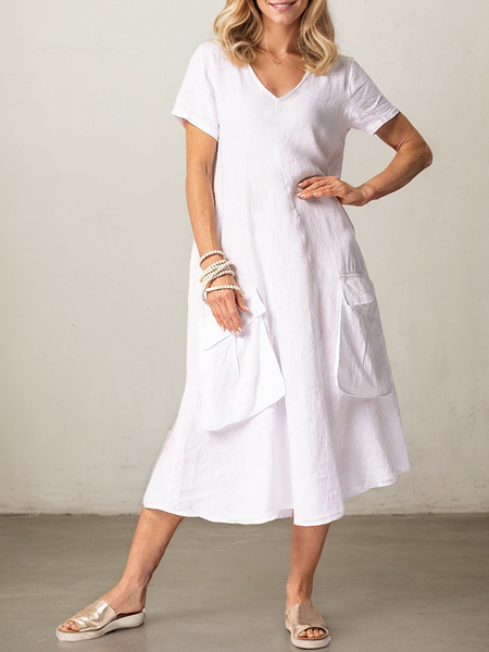 

Elegant Plain Pocket Stitching linen-cotton Midi Dress, Off white, Maxi Dresses