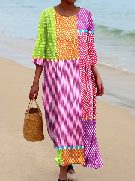 

Women Geometric Crew Neck Long Sleeve Comfy Casual Maxi Dress, Pink, Maxi