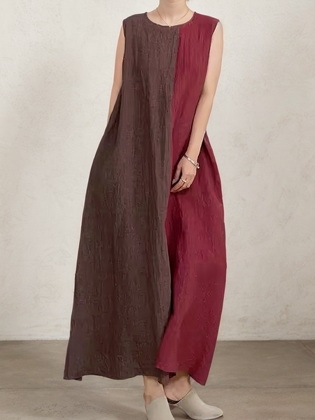 

Vacation Color Block linen-cotton Maxi Dress, As picture, Maxi Dresses