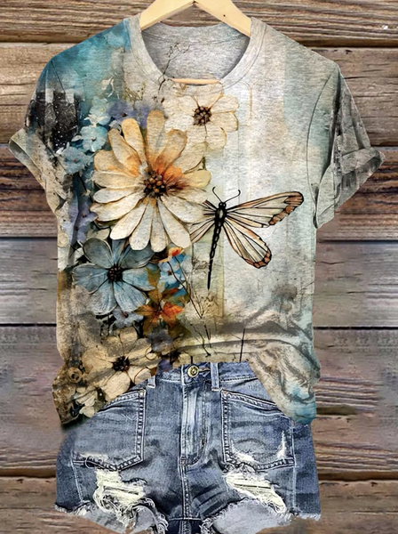 

Casual Floral Crew Neck Short Sleeve T-shirt, Light blue, T-shirts