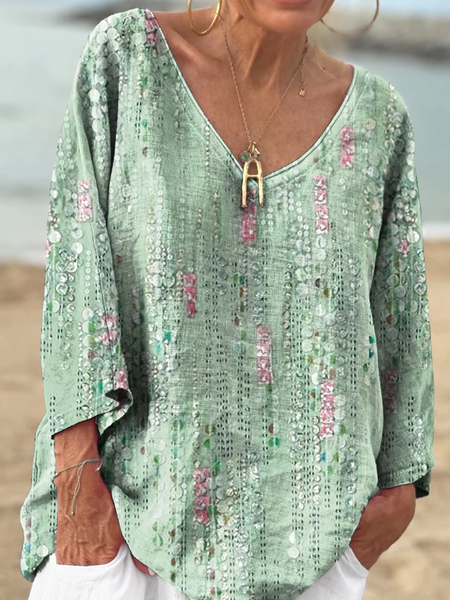 

Women's Floral Texture Patterns Print V-neck Comfortable Cotton T-shirt, Green, Long sleeves