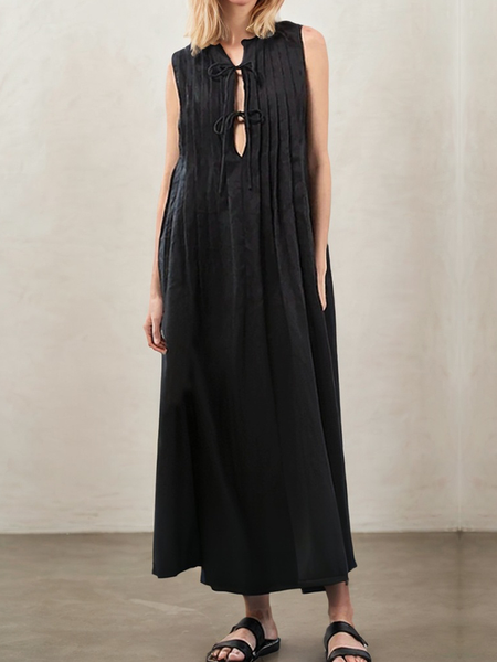 

Vacation Plain Lace-up linen-cotton Maxi Dress, Black, Maxi Dresses