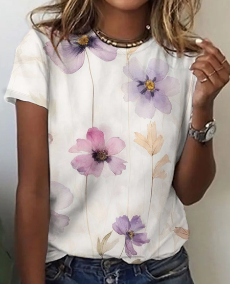 

Flowers Print T-Shirt, Purple, T-shirts