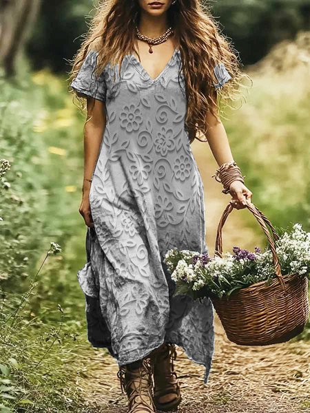 Women Floral V Neck Short Sleeve Comfy Casual Maxi Dress, Gray, Maxi