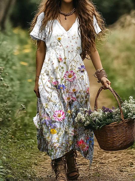 

Women Floral V Neck Short Sleeve Comfy Casual Maxi Dress, White, Maxi