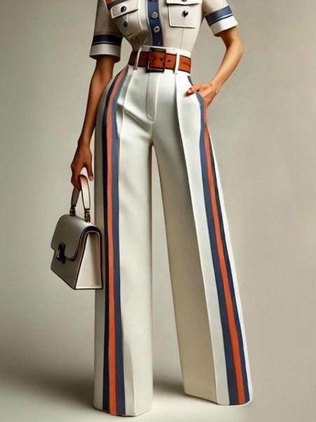 Urban Striped Printing Straight Pants With No Belt, As picture, Pants