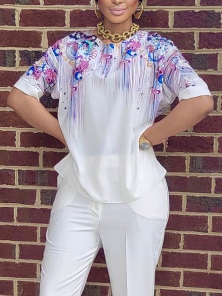 

Urban Random Print Loose Blouse, White, Blouses and Shirts
