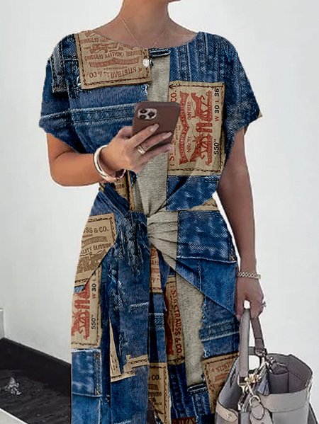 

Plus Size Casual Denim Print Graphic Crew Neck Raglan Sleeve T-shirt, Blue, Plus Tops