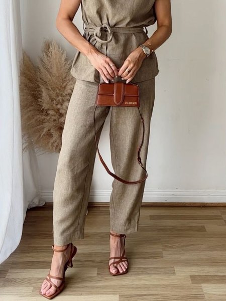 Casual Plain Linen blend Straight Pants, Brown, Pants