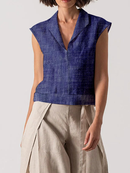 

Linen Casual Plain Shawl Collar linen-cotton Blouse, Denim blue, Blouses & Shirts
