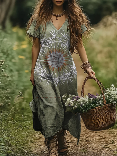 

Vintage Women Floral V Neck Short Sleeve Comfy Casual Maxi Dress, As picture, Dresses