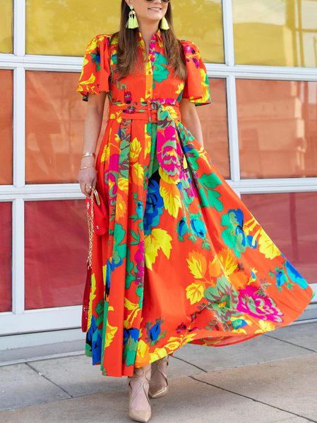 Vacation Floral Maxi Dress With Belt, As picture, Maxi Dresses