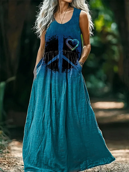 

Women's Hippie Sleeveless Summer Printing Dress Crew Neck Daily Casual Maxi Tank H-Line Dress, As picture, Casual Dresses
