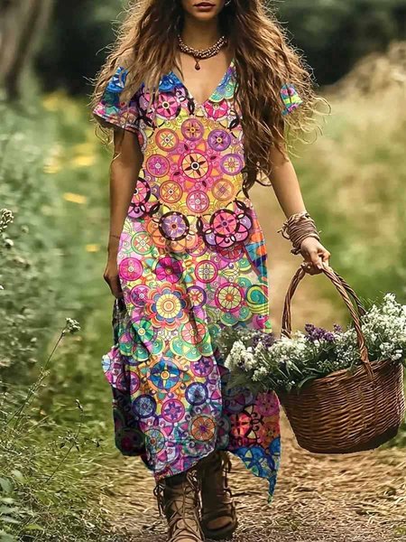 

Women Geometric V Neck Short Sleeve Comfy Casual Maxi Dress, Multicolor, Maxi