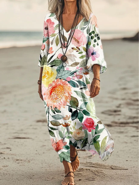 

Women Floral V Neck Short Sleeve Comfy Vintage Maxi Dress, Green, Dresses