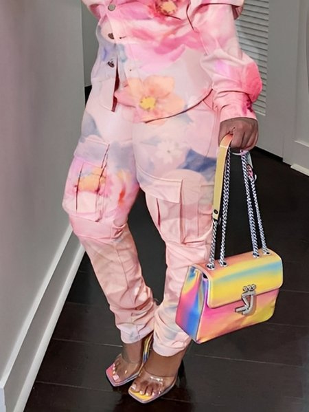 

Plus Size Casual Floral Cargo Pants, Pink, Plus Pants