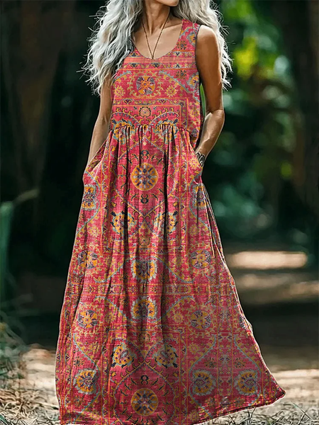 

Women's Floral Sleeveless Summer Printing Dress Crew Neck Daily Casual Maxi Tank H-Line Dress, As picture, Casual Dresses