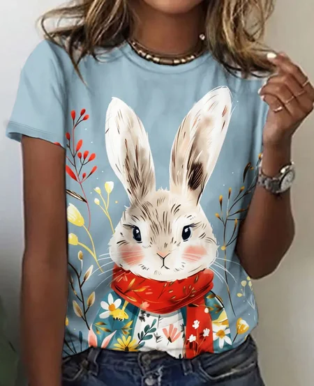

Bunny Easter Flowers Print T-Shirt, Blue, T-shirts