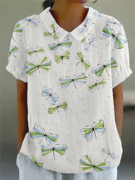 

Shawl Collar Half Sleeve Animal Regular Loose Blouse For Women, White, Blouses