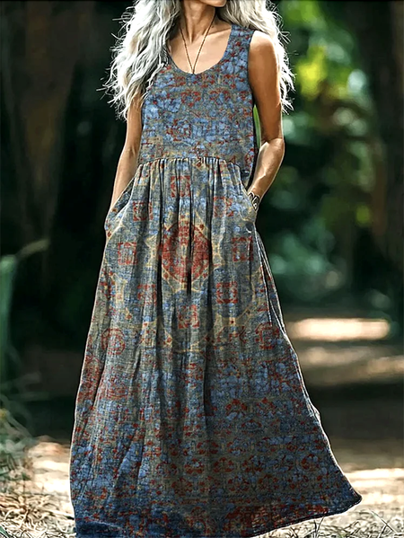 

Women Geometric V Neck Sleeveless Comfy Vintage Maxi Dress, Blue, Maxi
