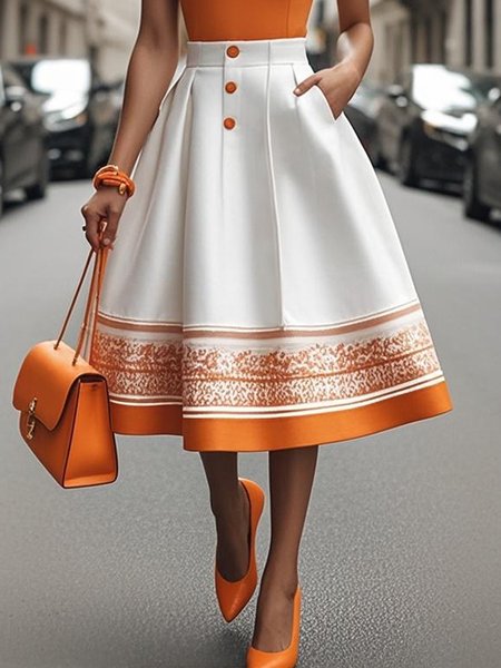 

Urban Buttoned Printing Color Block Midi Skirt, Orange, Skirts