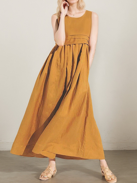 

Vacation Plain linen-cotton Maxi Dress, Caramel, Maxi Dresses