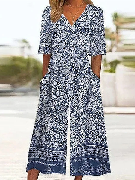 

Women Half Sleeve V Neck Regular Fit Ankle Pants Printing Daily Casual Floral Natural Jumpsuit, Purplish blue, Jumpsuits&Rompers