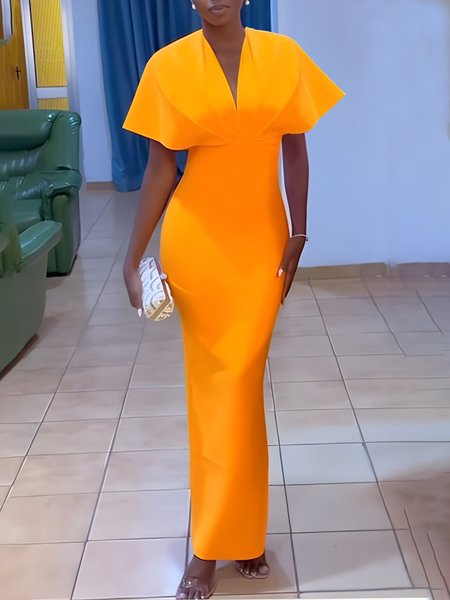 Elegant Plain Raglan Sleeve V Neck Maxi Party Dress, Orange, Maxi Dresses