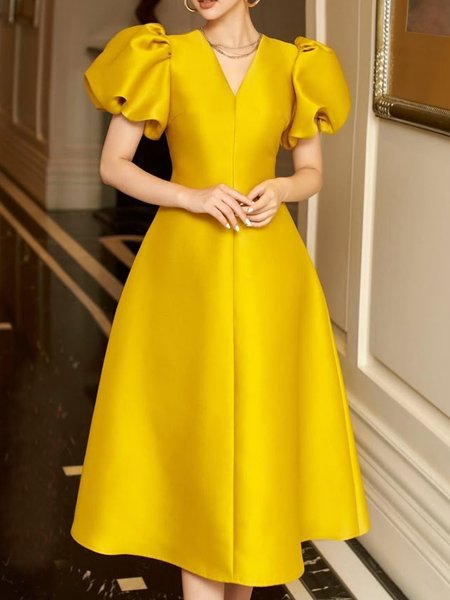 Elegant Plain Puff Sleeve V Neck Midi Party Dress, Yellow, Midi Dresses