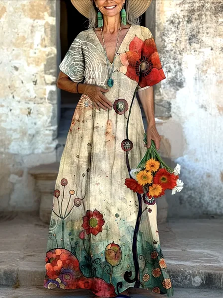

Women Floral V Neck Short Sleeve Comfy Casual Maxi Dress, Apricot, Maxi