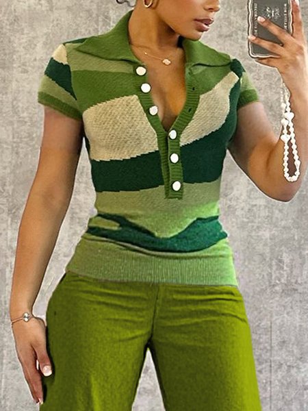 

Casual Colorblock Buttoned Polo Collar Sweater, Green, Pullovers