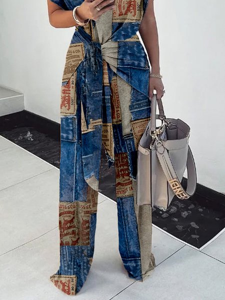 Plus Size Casual Denim Print Graphic Straight Pants, Blue, Plus Pants