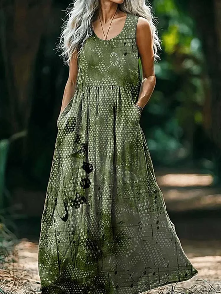 

Women's Floral Sleeveless Summer Printing Dress Crew Neck Daily Casual Maxi Tank H-Line Dress, Green, Casual Dresses