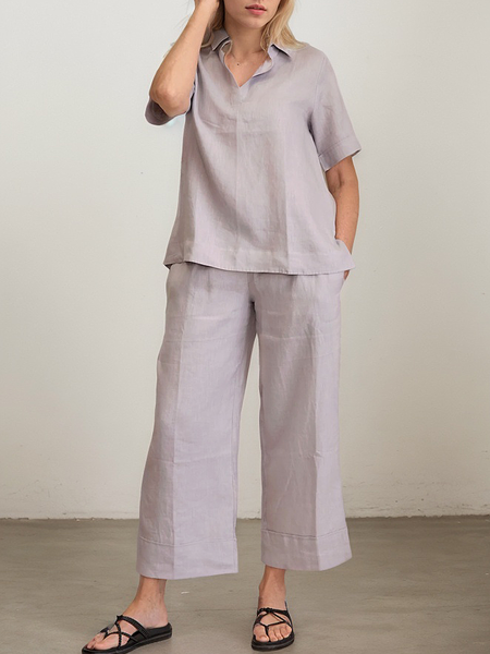 

Casual Plain Shirt Collar linen-cotton Two-Piece Set, As picture, Suits