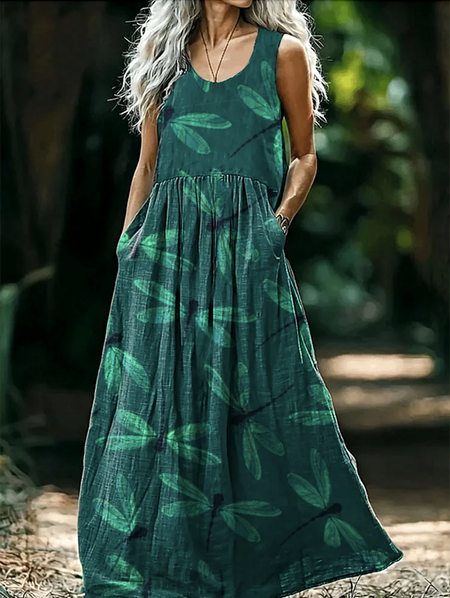 

Casual Regular Fit Cotton Animal Dress With No Belt, Dark green, Maxi Dresses