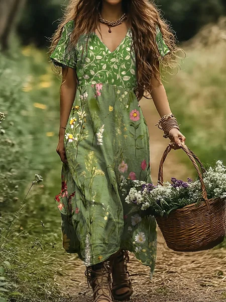 

Regular Fit Cotton Casual V Neck Dress With No Belt, Green, Maxi Dresses