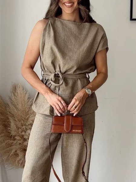 

Linen Blend Casual Plain Irregular Craftsmanship Boat Neck Tank Top With Belt, Brown, Tanks and Camis