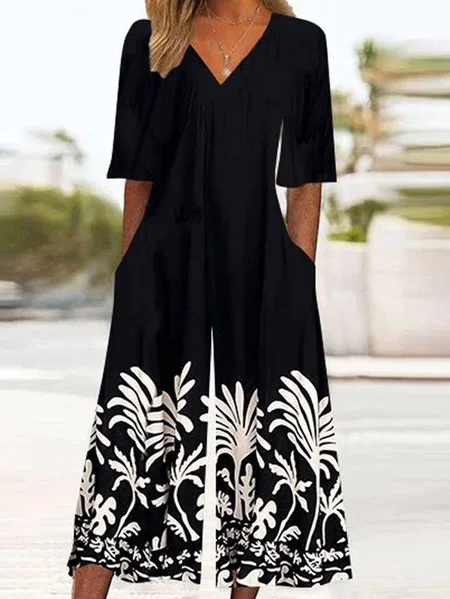 

Women Half Sleeve V Neck Regular Fit Ankle Pants Printing Daily Casual Floral Natural Jumpsuit, Black, Jumpsuits&Rompers