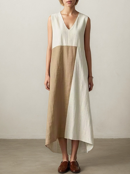 Casual Color Block linen-cotton Maxi Dress, As picture, Maxi Dresses